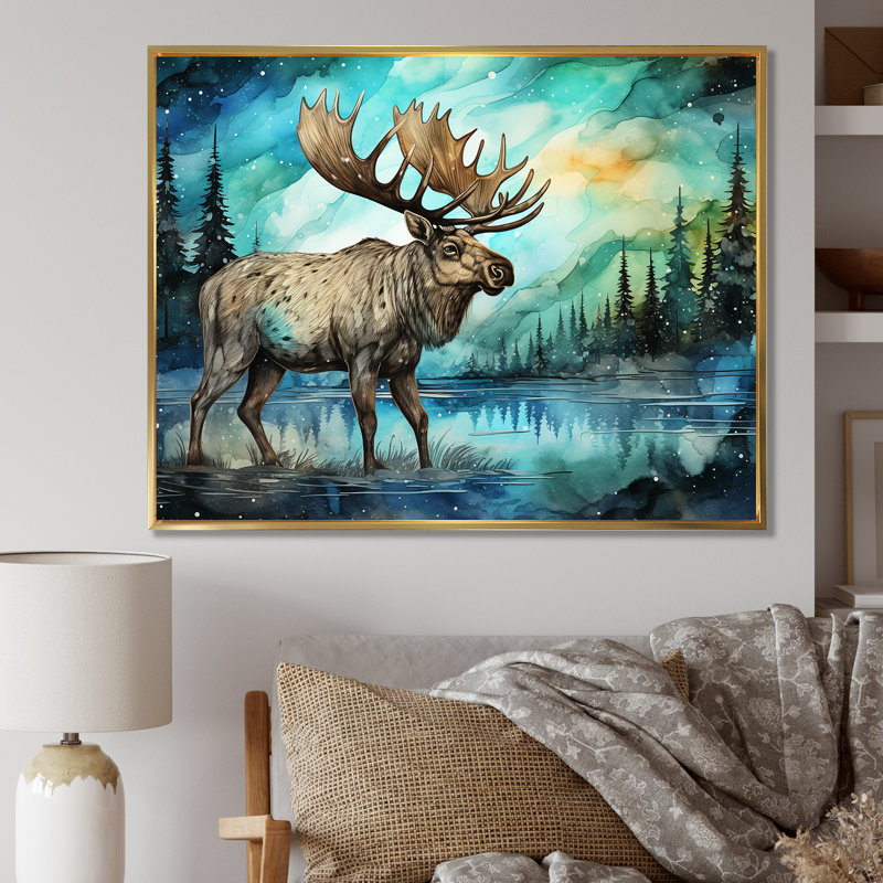 Moose Morning Lake Serenity - Moose, art mural, Cadre flottant doré, H 30 po x l 40 po x P 1,5 po