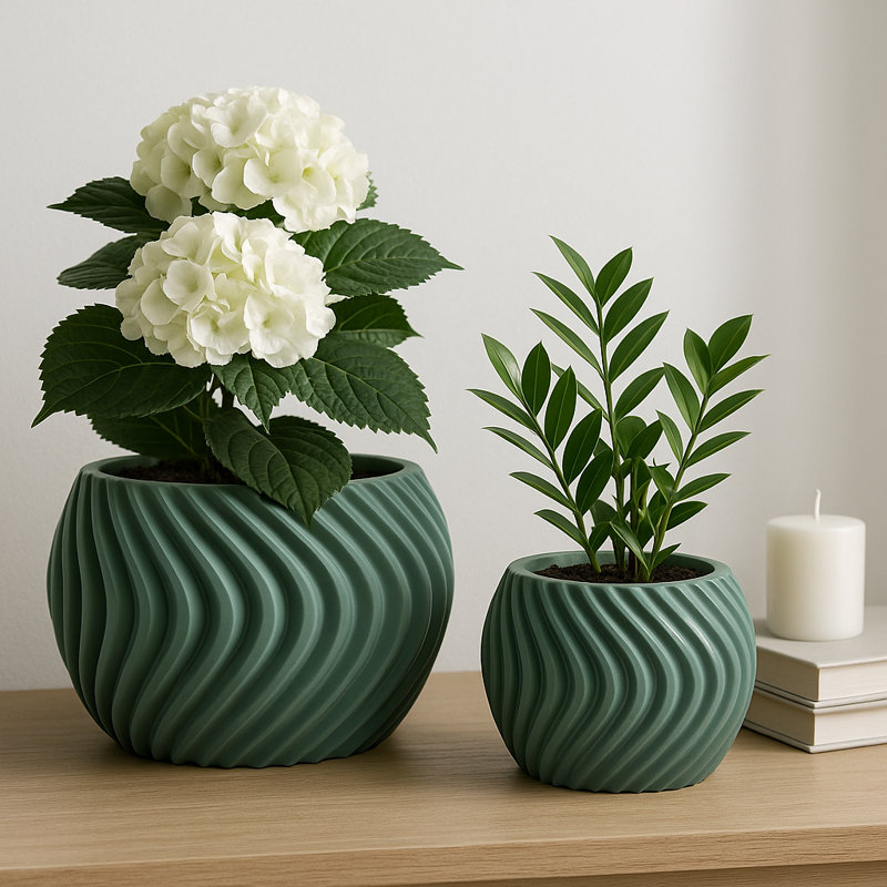 Polyresin Planters With Twisted Design And Sculptural Detailing, Set Of 2, Green