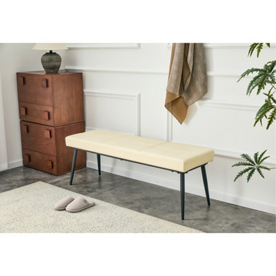 Banc de salle à manger pour 2-3 personnes, banc rembourré en cuir de qualité supérieure, coussin en éponge haute résilience, poutre en métal renforcée au centre du coussin, 4 pieds en métal avec finition enduite de jet (blanc cassé, ensemble de 1)