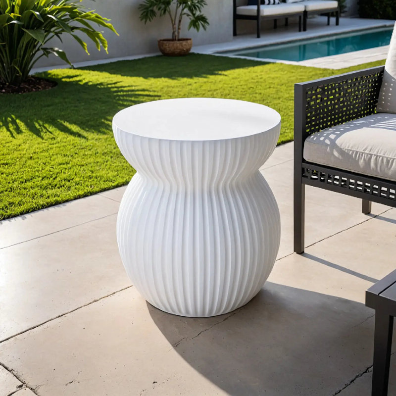 Mander Fiberstone Side Table – Ribbed Hourglass End Accent Table For Indoor Or Outdoor Use, White