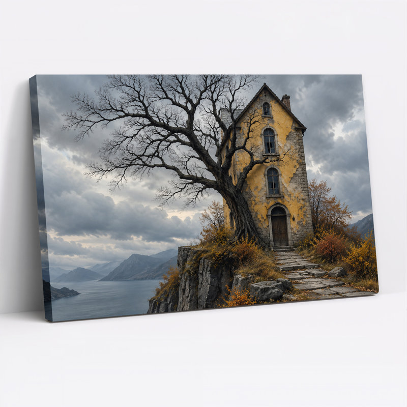 Maison jaune et arbre nu sur une falaise, art mural sur toile, H 20 po x l 30 po