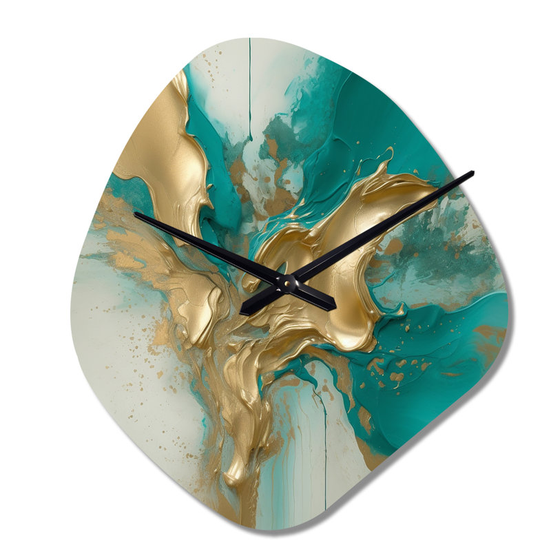 Horloge murale or et turquoise, encre fluide en marbre II - forme unique en métal, horloge murale asymétrique moderne, Grand