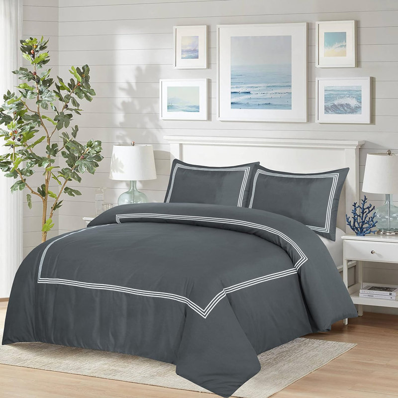 My Home Store Junco Duvet Cover Set Microfiber 3 Piece Luxury Bratta Stitch Duvet Cover Sets With Pillowcase, Charcoal/White