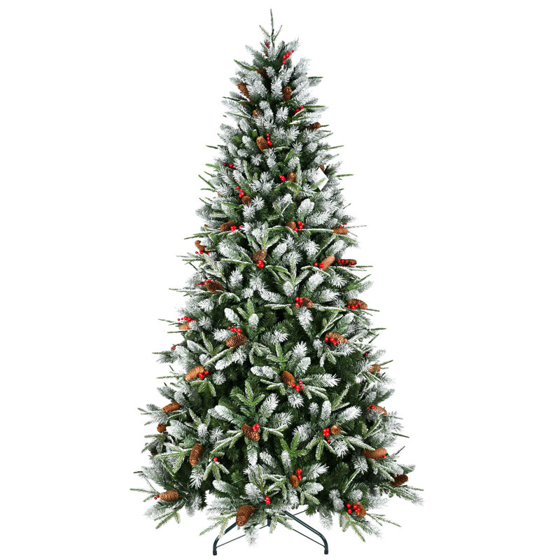 Arbre de Noël de 7 pi avec 2178 pointes, baies rouges saisissantes, pin de style naturel, branches peintes en neige tacheté, installation à charnières sans effort, piliers en métal stables pour les décorations