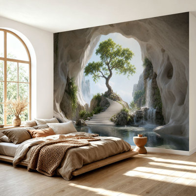 Wall Mural Peel and Stick Wallpaper Ancient Tree Stone Stairway Inside Sunlit Cave Waterfalls Tranquil Self-Adhesive Removable Contact Paper Wall Decor for Living Room Bedroom 69"H x 96"W