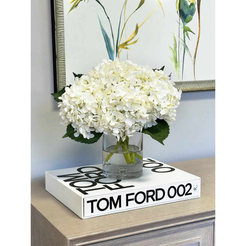 Hydrangeas in Glass Bubble Vase, White, 13" x 12" 
