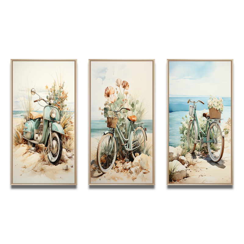 «Blue Moped On The Beach», 3 pièces, Cadre naturel flottant, H 32 po x l 48 po