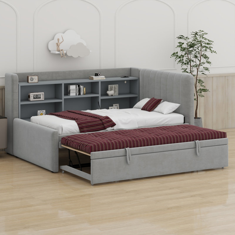 Upholstered Daybed With Trundle, Storage Shelves, USB & Outlet, Gray