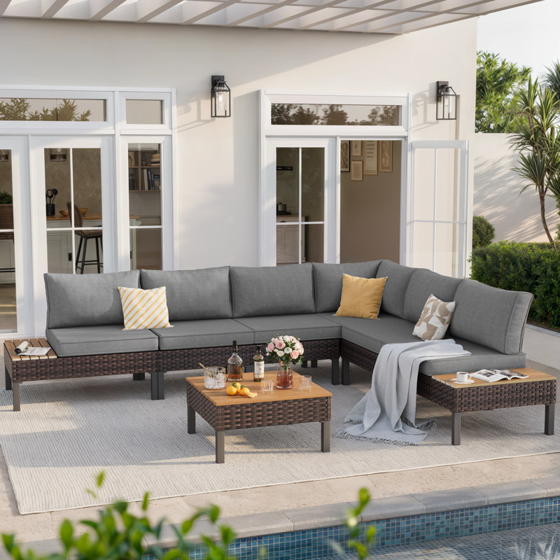 Outdoor 6-Person L-Shaped Metal Seating Group With Cushions, Gray