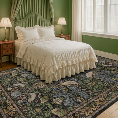 Tapis botanique 8 x 10 - Tapis vintage lavables pour salon, salle à manger, chambre à coucher, style antique traditionnel, conception d'oiseaux et de feuilles, velours antidérapant (vert foncé / brun)