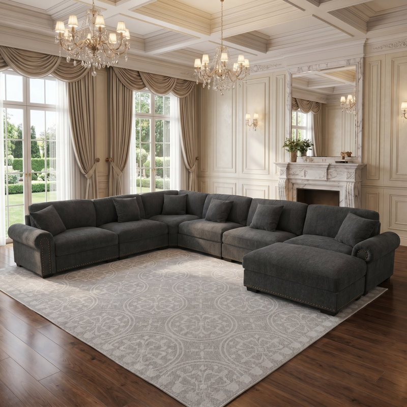 Errett Upholstered 7-Seats Cloud Corner Sectional Sofa, Dark Gray Polyester