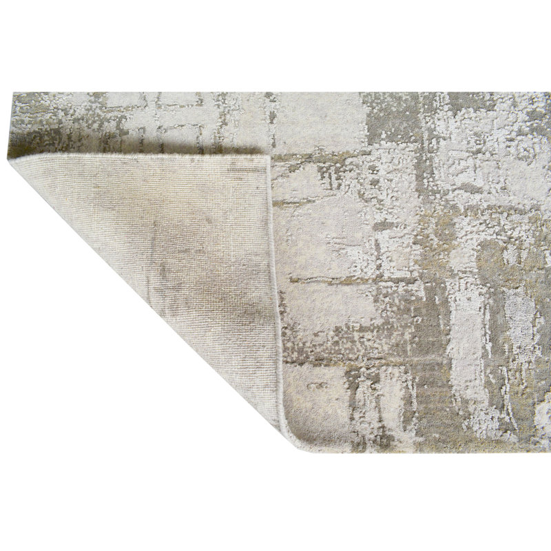 High-Quality Hand-Knotted Beige And Charcoal Area Rug, Rectangle 9' x 12'