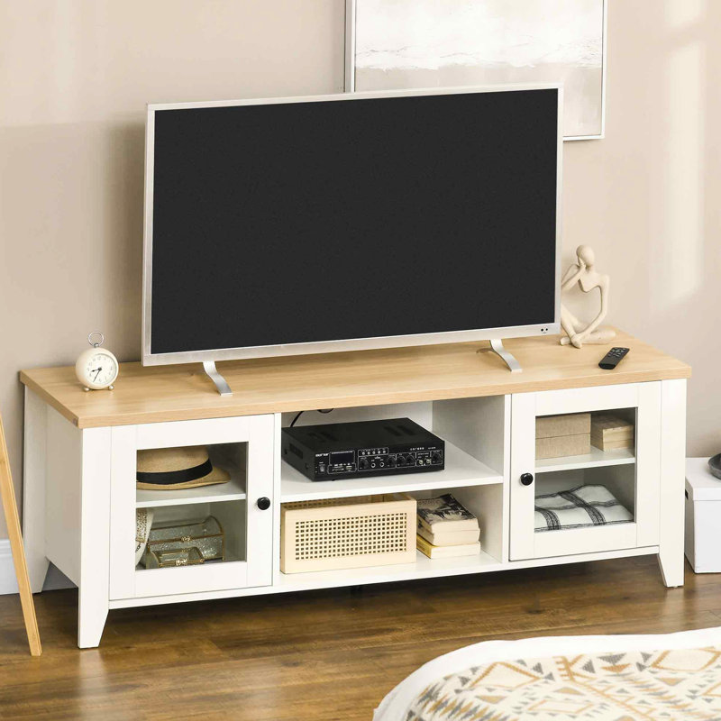 Meuble télé moderne blanc - Supporte les téléviseurs de 60 po avec tablettes et armoires sur mesure, pour le rangement de la gestion des câbles