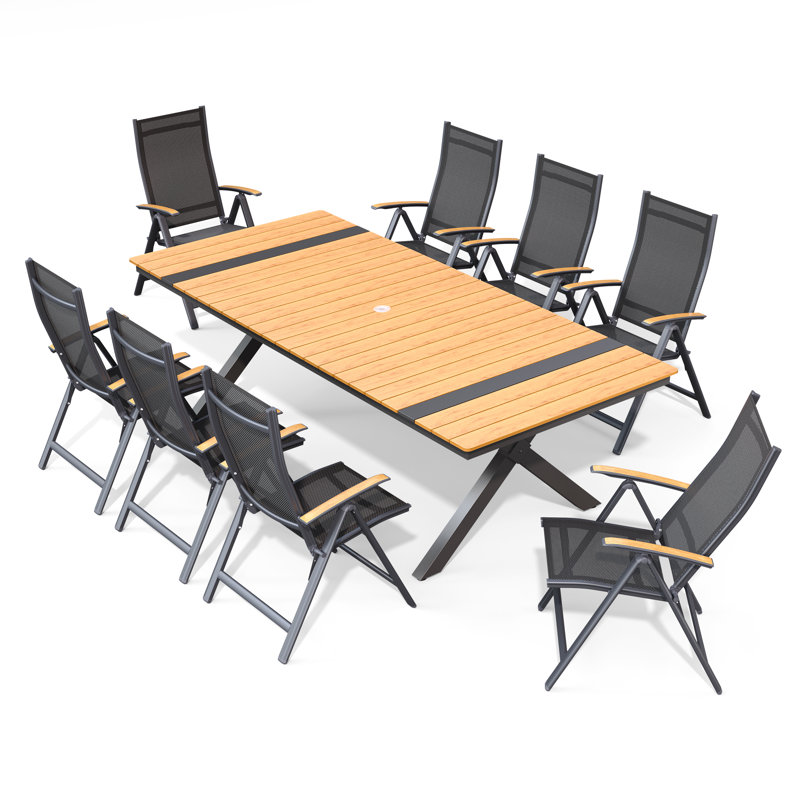 8-Person Aluminum Outdoor Dining Set With Folded Reclining Chairs And Umbrella Hole, Brown