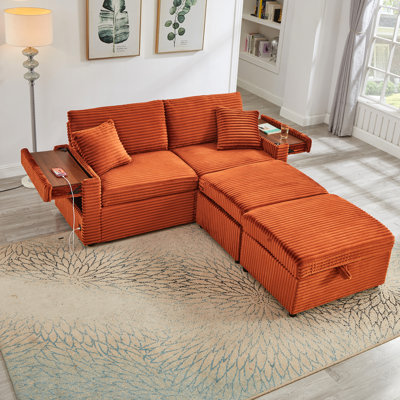 Pouf double multifonction surdimensionné avec rangement intégré, confortable et moelleux, garni de mousse et de ressorts orange, et doté d'une table d'appoint, d'une méridienne douce et d'un tissu de haute qualité. Accoudoir multifonction avec plateau intégré.