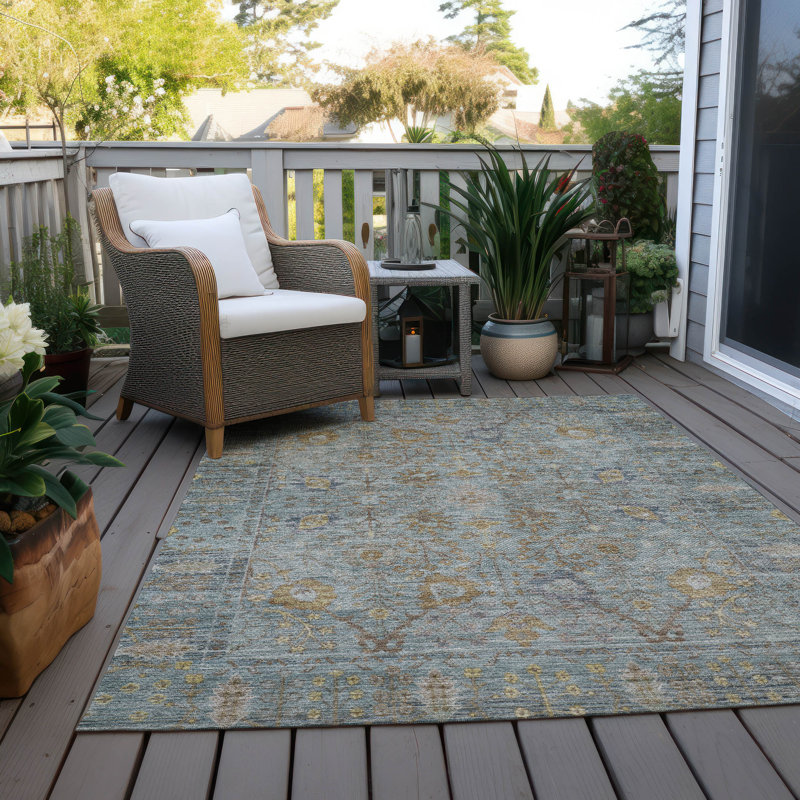 Teal Rectangular Washable Synthetic Indoor/Outdoor Rug 3' x 5'