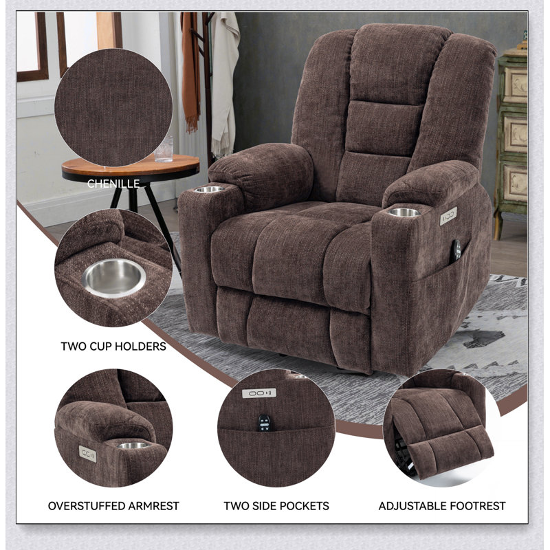 Grand fauteuil inclinable électrique avec massage et chaleur pour personnes âgées, Brun