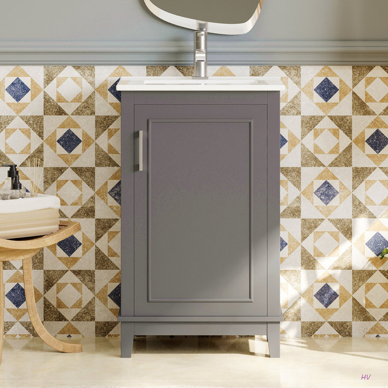 Petit meuble-lavabo moderne de 20 pouces avec lavabo en céramique - 20 * 14,5 * 33,3 pouces, rangement spacieux, 1 porte à fermeture en douceur