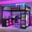 Lit mezzanine en métal avec garde-robe, bureau en L et rangement en métal, parfait pour une utilisation compacte et multifonctionnelle