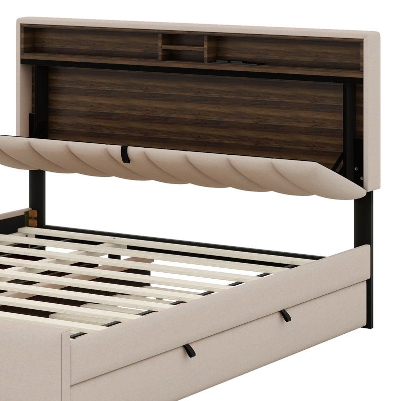Grand lit plateforme tapissier avec tête de lit, gigogne et 2 tiroirs, Beige