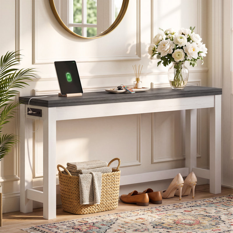63 Inch Console Table, White, Gray Oak