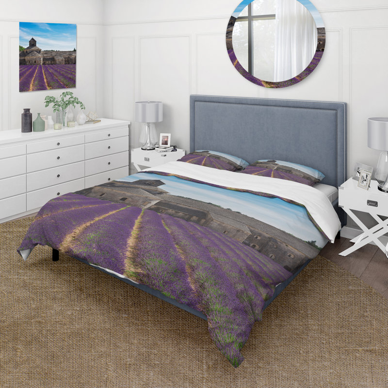 Champ de lavande avec abbaye en France - Ensemble de housse de couette Farmhouse - Microfibre de polyester