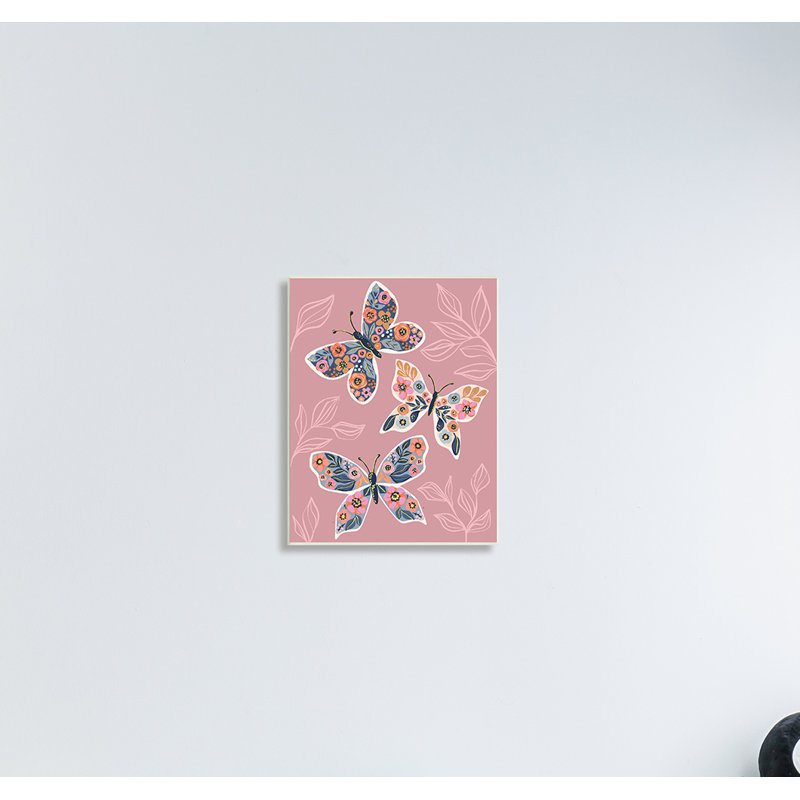 Chic, papillon, aile de papillon, feuilles de plantes roses - impression, H 19 po x l 13 po x P 0,5 po, Sans cadre