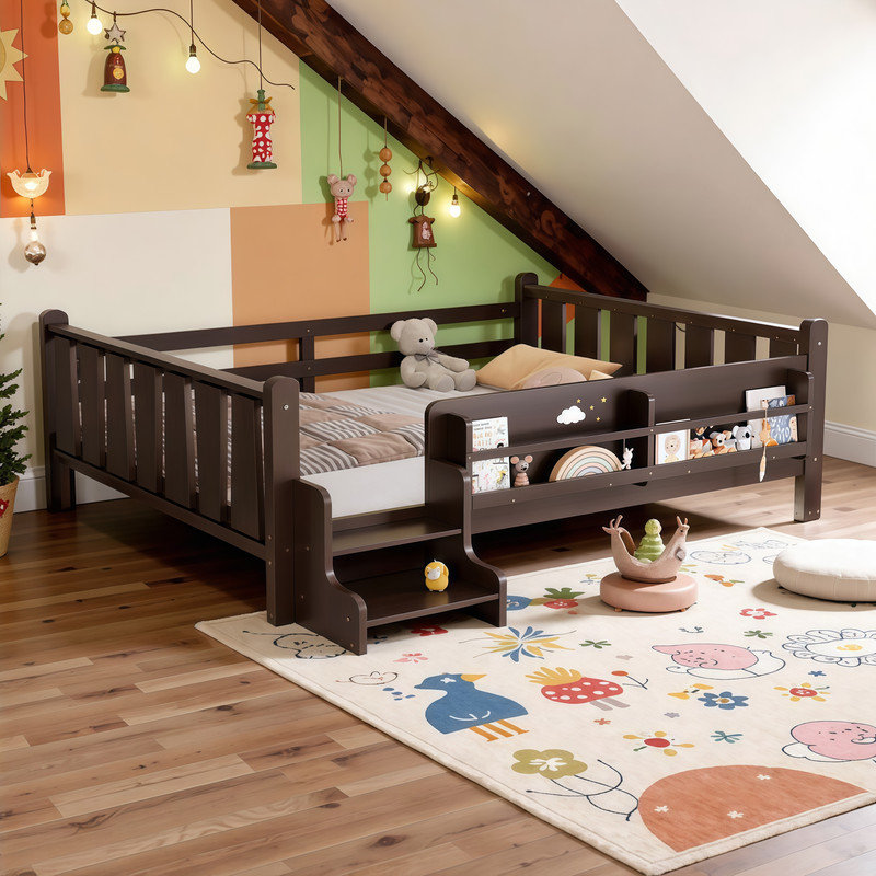Lit double pour enfants avec bibliothèques de rangement, garde-corps et escaliers, Lit double, Espresso