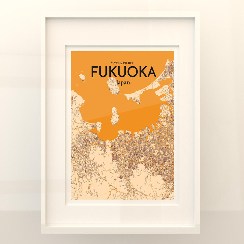 Fukuoka, carte de la ville, impression rétro, H 24 po x l 18 po, Orange / or pâle