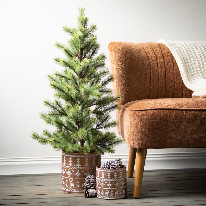 Shultz Faux Pine Tree in Wicker/Rattan Pot, 36.5" H x 17.5" W x 17.5" D
