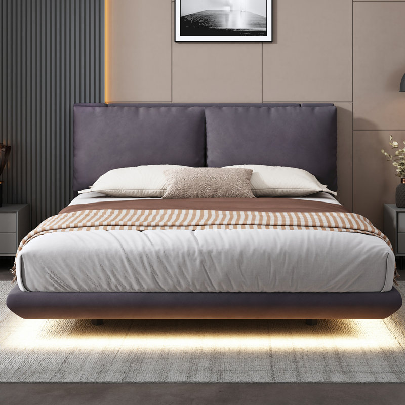Lit plateforme avec 2 ensembles de ports USB et de prises, Beige, Double