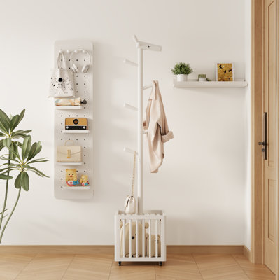 Kids Solid Wood Coat Rack with Wheels and Storage Basket, Adjustable Height Freestanding Clothes Rack with 6 Hooks, Deer Design for Bedroom Playroom