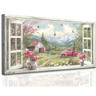  Farmhouse Wall Art Rustic Flower Canvas Artwork, Floral Countryside View with Pink Rustic Touch Vintage Painting, Ideal for Living Room Bedroom Bathroom Wall Decoration, 20x40 inches