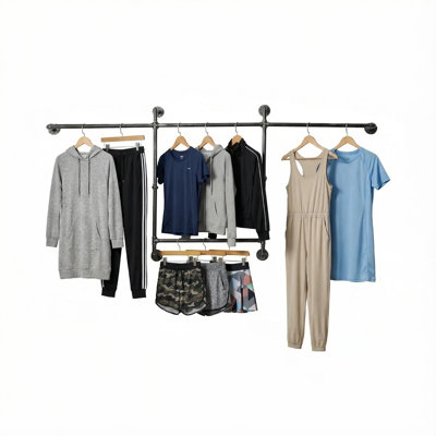 Industrial Pipe Clothing Rack Wall Mounted Clothes Rack Heavy Duty Closet Rod For Retail, Laundry Room, Bedroom (Black)