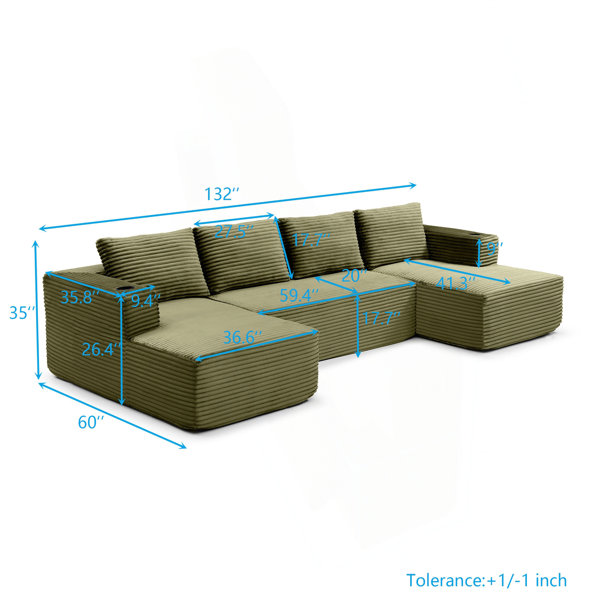 Wrought Studio 132" Oversized Cloud Boneless Sofa Couch With Chaise ...