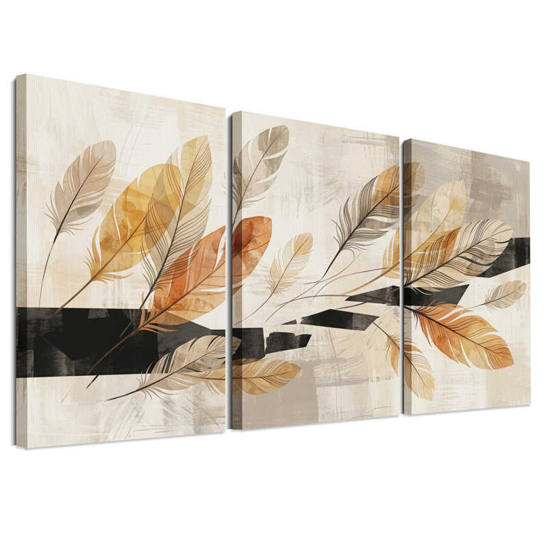 Ensemble de 3 toiles abstraites représentant des plumes brunes et orange, 36"H x 24"W x 3pcs