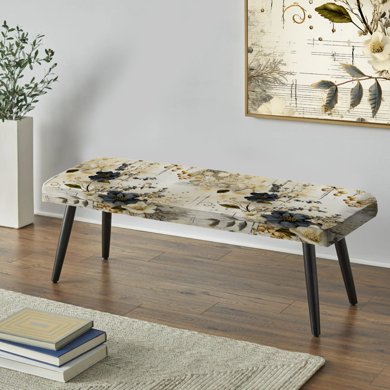 Grey And Beige Geometric Flowers I - Boho Upholstered Black Bench