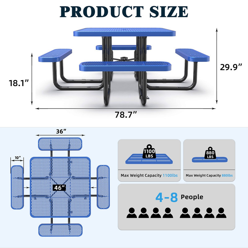 Table de pique-nique carrée bleue de 46 pouces avec trou pour parasol, Bleu