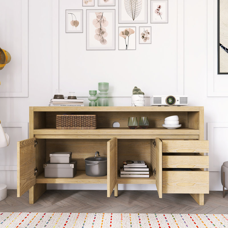 3-Door Sideboard With 3 Drawers - Modern Solid Ash Veneer MDF Sideboard, Natural