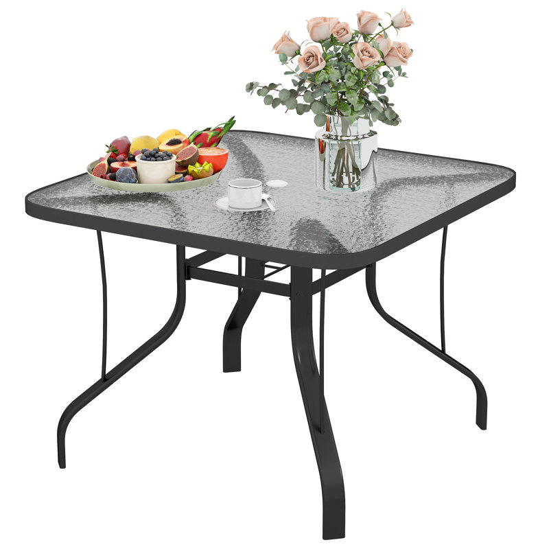 Table de salle à manger carrée en verre trempé avec trou pour parasol
