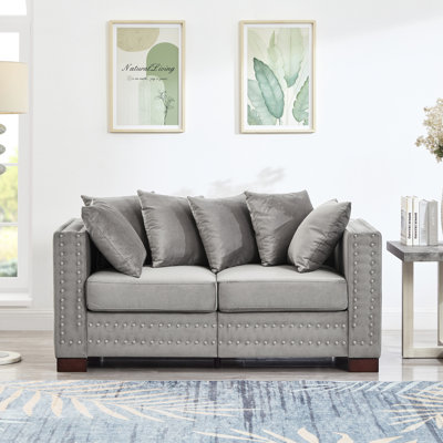 Velours rembourré gris à 2 places de conception moderne avec des carrés décorés de clous argentés, une structure en bois massif, des housses de coussin amovibles lavables et un espace de rangement