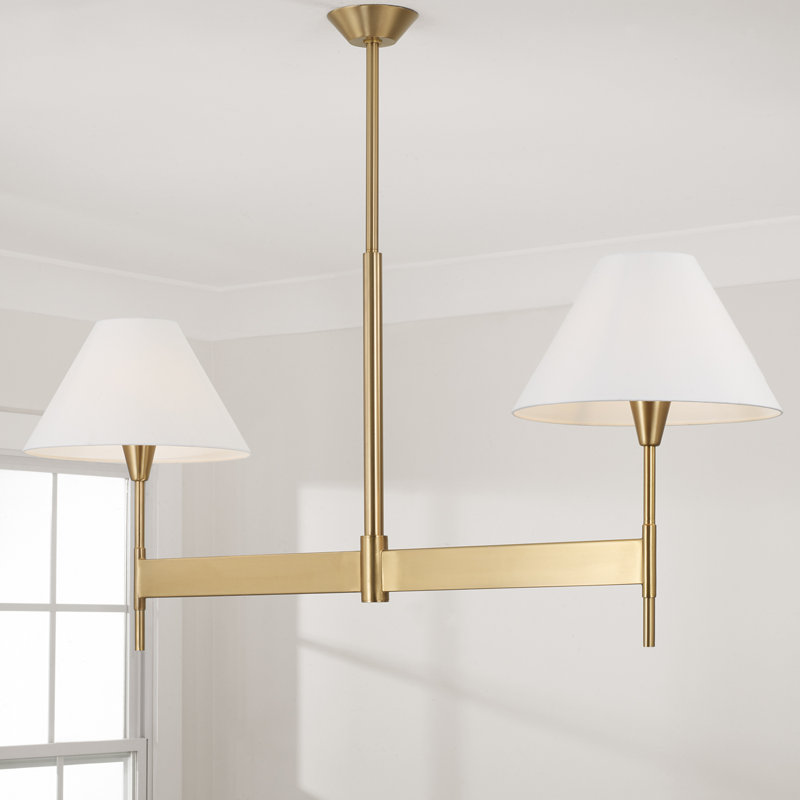 50" W x 22.5" H 2-Light Linear Chandelier in Aged Brass with White Fabric Shades and Designer Canopy