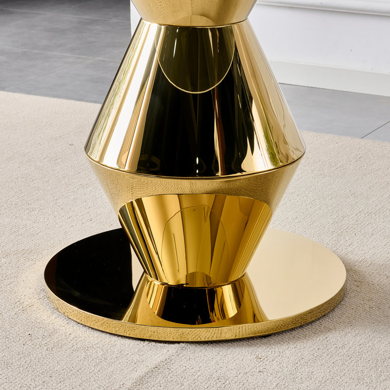 Table de salle à manger ronde de 47,25 pouces de style moderne avec finition miroir dorée, pouvant accueillir 4 à 6 personnes, plateau de table en verre trempé, structure en acier inoxydable.