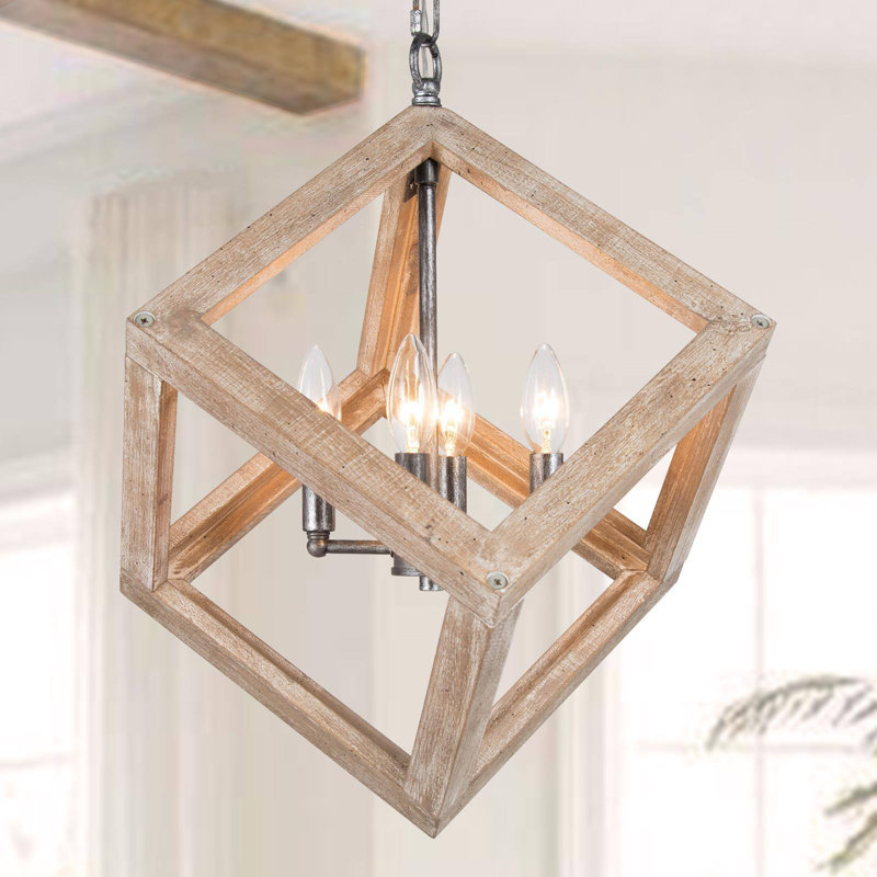 Turman 4-Light Natural Wood Lantern Square Pendant Chandelier with Adjustable Chain for Dry Indoor