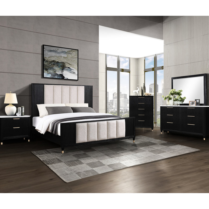 Élégante tête de lit à panneau haut avec accents texturés, lignes épurées, lit 1pc, noir et blanc, Grand lit