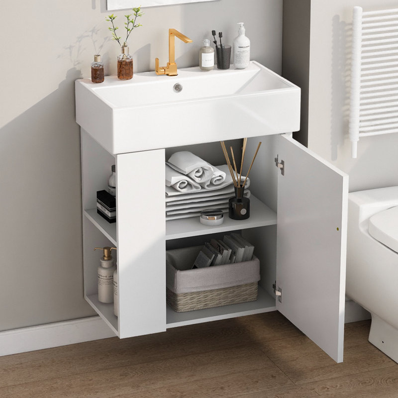 Petit meuble-lavabo flottant moderne avec cuve en céramique et rangement gauche, Blanc, Doré