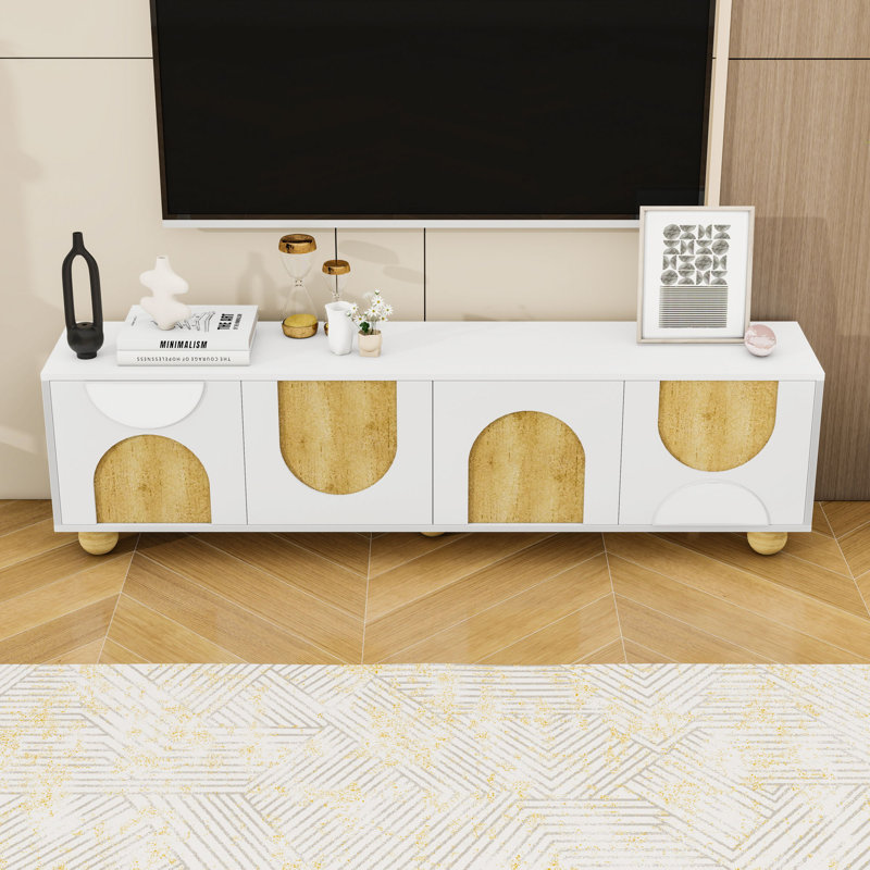 Meuble télé avec trous pour câbles et 5 pieds en bois, Blanc
