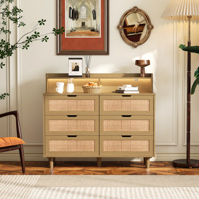 6-Drawers Rattan Storage Cabinet Rattan Drawer With LED Lights And Power Outlet