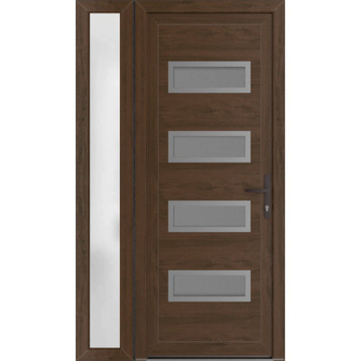 Porte d'entrée extérieure prémontée en PVC-U métal-plastique Manux 8113, couleur noyer, avec imposte et panneau latéral. Convient aux bureaux, aux commerces et aux résidences. Dimensions : 52 x 80 pouces (L 36 + 16 x H 80 pouces). Ouverture à gauche vers l'intérieur.