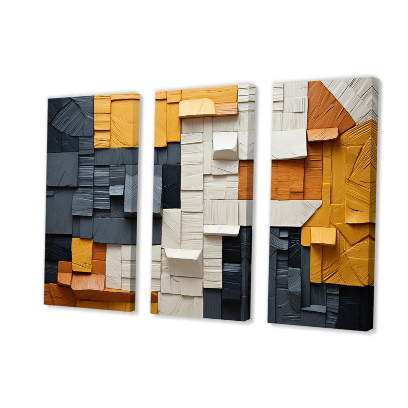 Cubic Yellow and Gray Fibre I - 3 pièces sur toile tendue, H 40 po x l 60 po x P 1 po